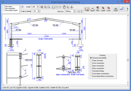 Disegno CAD dettagliato della struttura e dei dettagli costruttivi strutturali per le connessioni